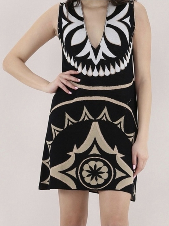 Akep Dresses & Skirts - 🤎 Black & Cream Patterned Sleeveless V-Neck Dress - Tunic